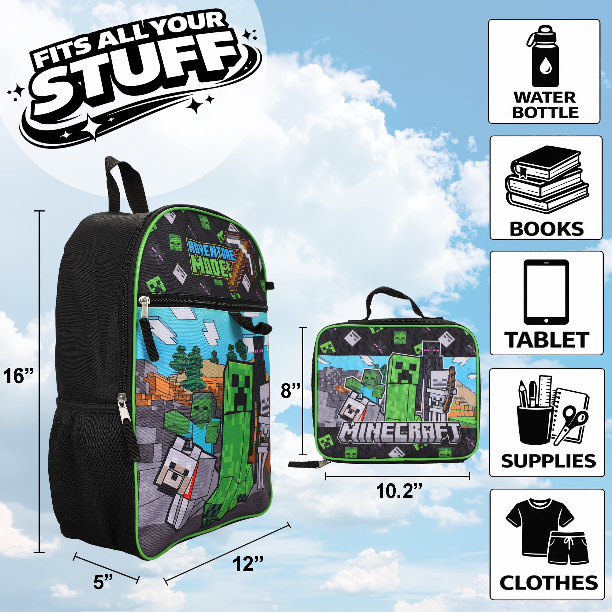 Bioworld, Minecraft 5-Piece Set, 16-inch Backpack, Multicolor