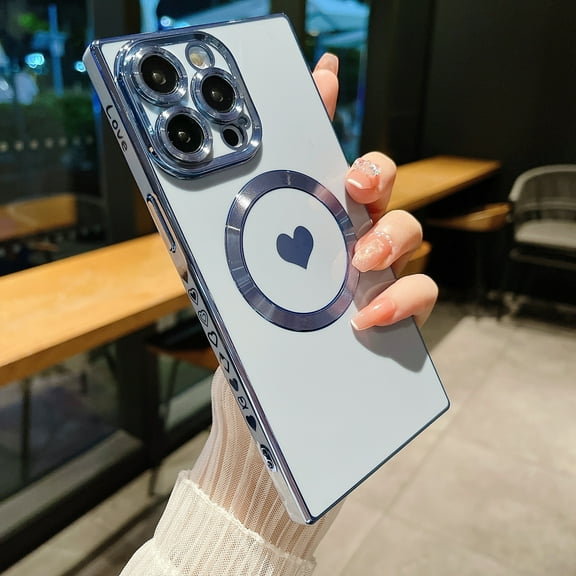 Feishell for iPhone 16 Plus Magnetic Case, Luxury Cute Love Heart Pattern Plating Electroplated Case, Compatible with MagSafe Soft TPU Shockproof Slim Phone Case - Blue