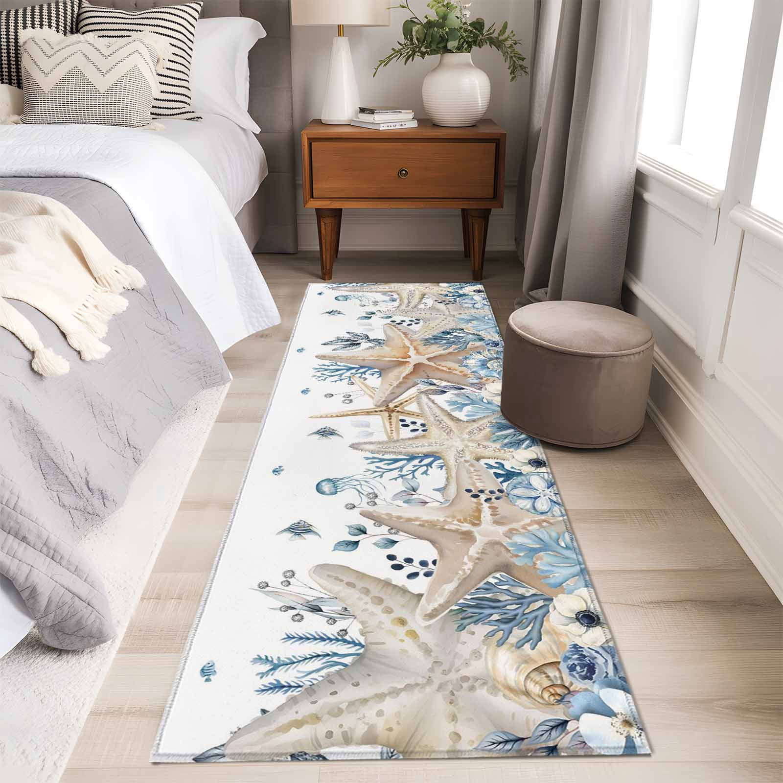 2'x6' Rug Runners for Hallways Kitchen, Blue Beige Coastal Non Slip Entryway Beside Floor Carpet Runner, Beach Starfish Summer Eucalyptus Washable Laundry Room Bedroom Throw Rugs Mat for Family Pet