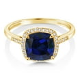 thumbnail image 2 of Gem Stone King 10K Yellow Gold Blue Created Sapphire and Diamond Women's Engagement Ring (2.50 Cttw Cushion, Size 5), 2 of 7