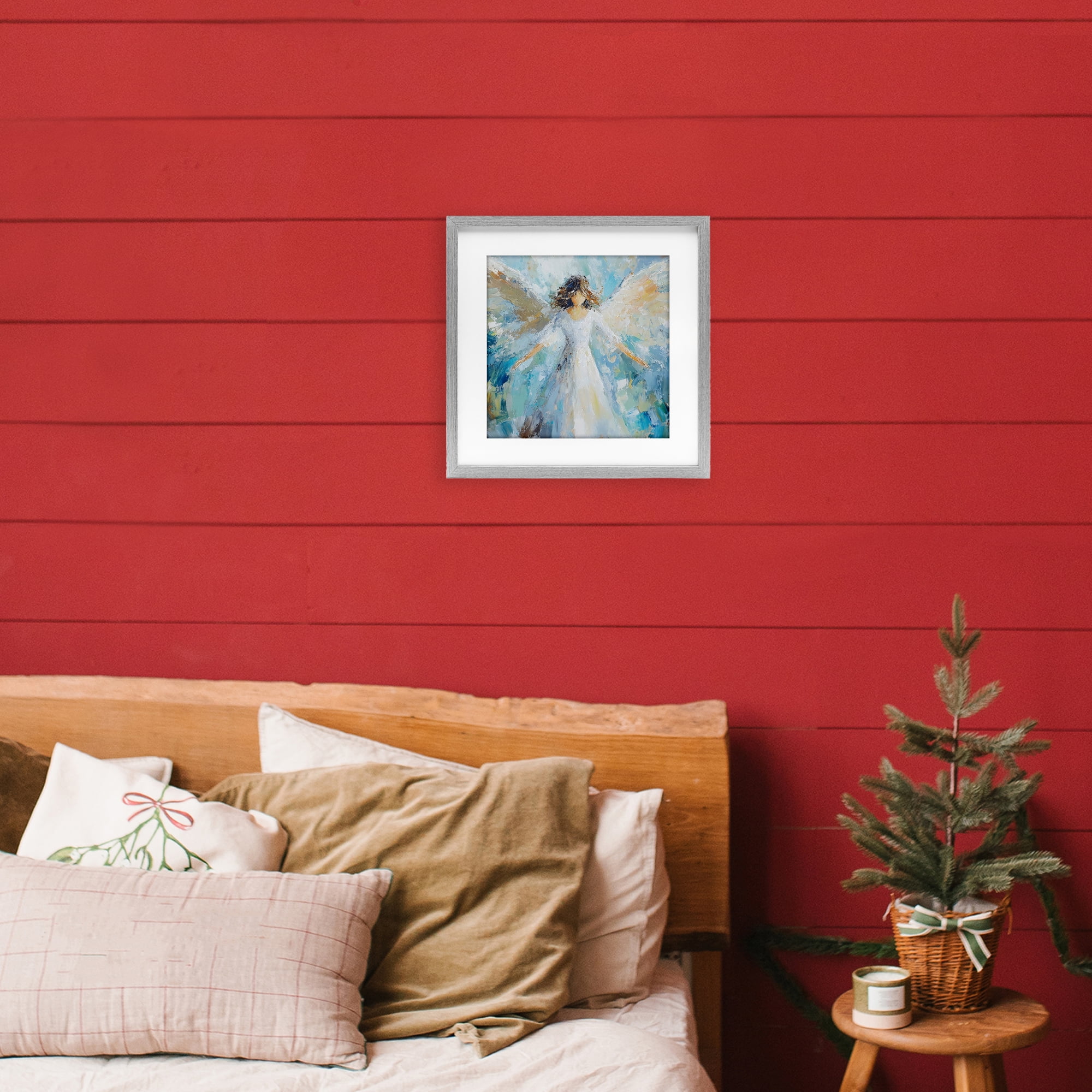 Flying Glory Angel Gray Framed Print Under Glass, design by Petal Prints Design