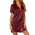 thumbnail image 1 of TaTaai Women's Short Sleeve Nightgown Set Notch Collar Button Down Satin Sleep Dress with Matching Shorts Soft Breathable Gift, 1 of 7