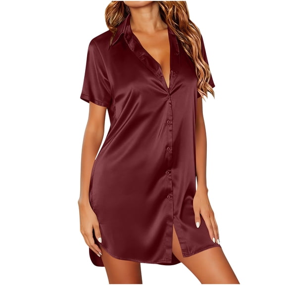 Yuaqua Satin Nightshirt for Women Silk Short Sleeve Button down Collared Side Split Curved Hem Sleepshirts Mini Sleep Dress