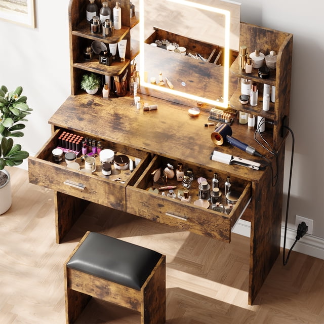Vanity Desk Set with Mirror & Adjustable 3-Color LED, Power Outlet, 2 Drawers, 6 Storage Shelves, Cushioned Stool, Bedroom Makeup Table, Rustic Brown, System default_1
