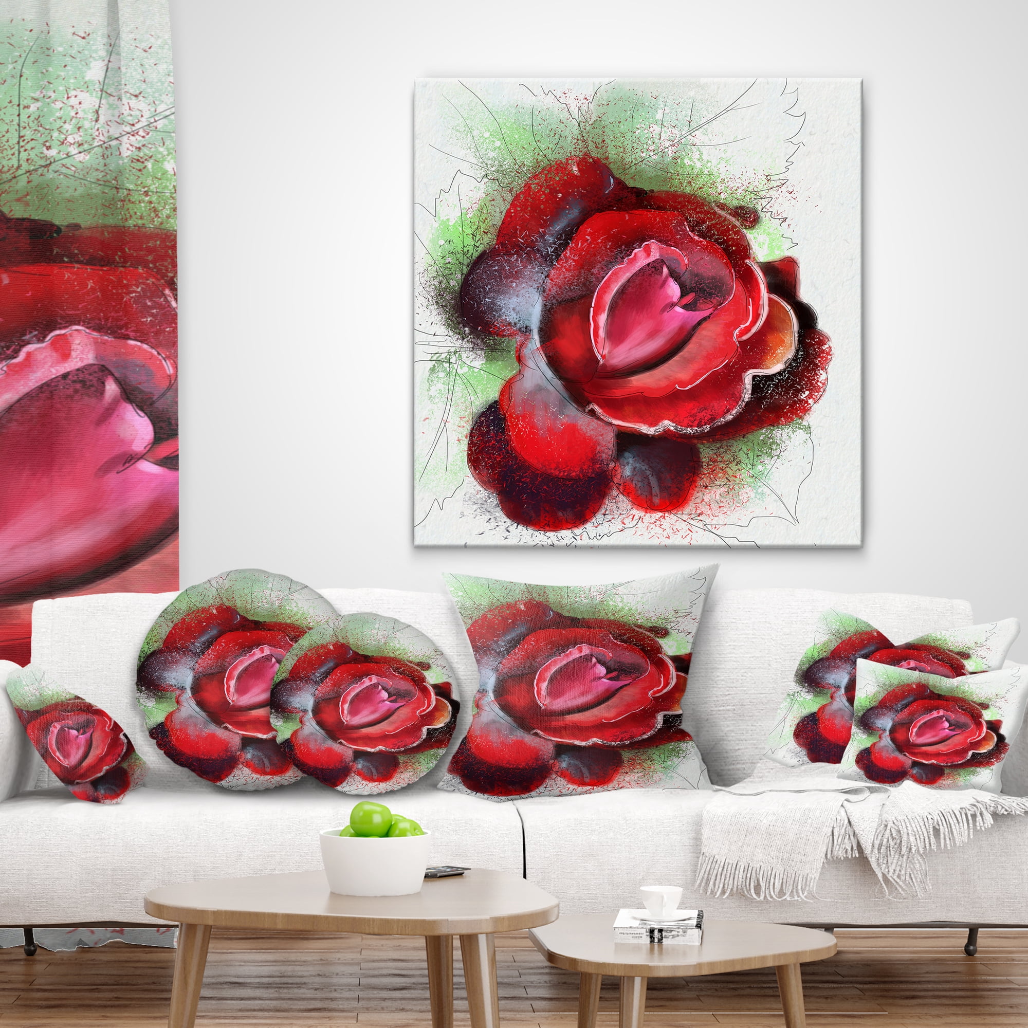 Designart Beautiful Red Rose with Green Shade - Floral Throw Pillow - 12x20