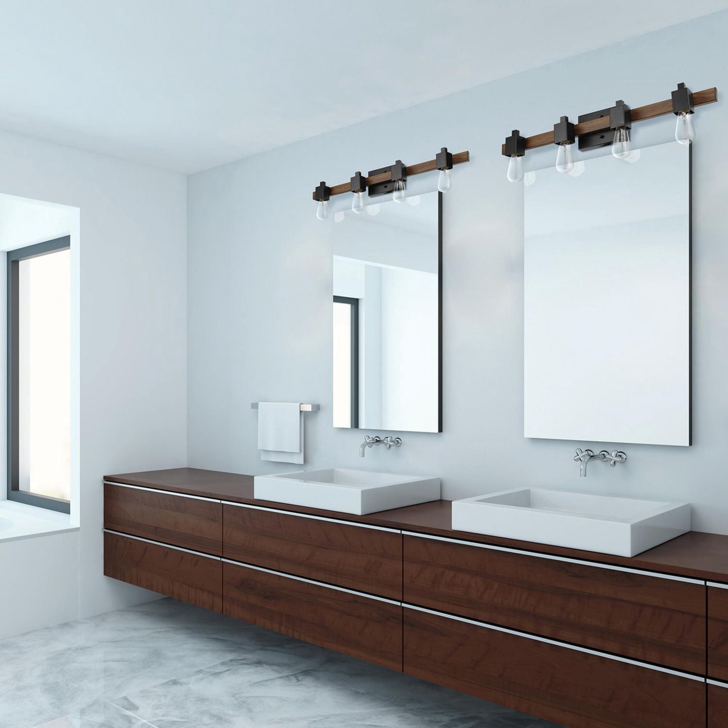 Applique murale en métal à 4 ampoules Phoenix par Globe Electric, noir mat, faux bois foncé, 51717