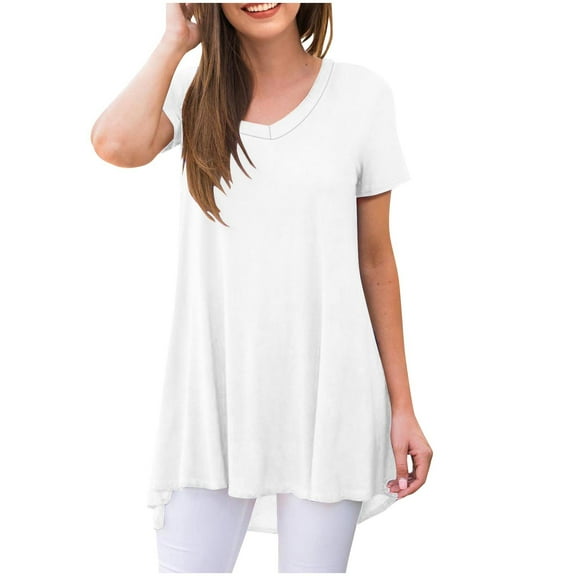Plebaso Womens Casual Tunic Tops Soft Short Sleeve V Neck T-Shirts Plain Loose Cute Blouses Women's Clothes