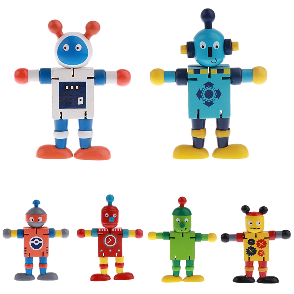 6pcs Wooden Robots Action Figure Puppets Doll Kid Toy Poseable Developmental 