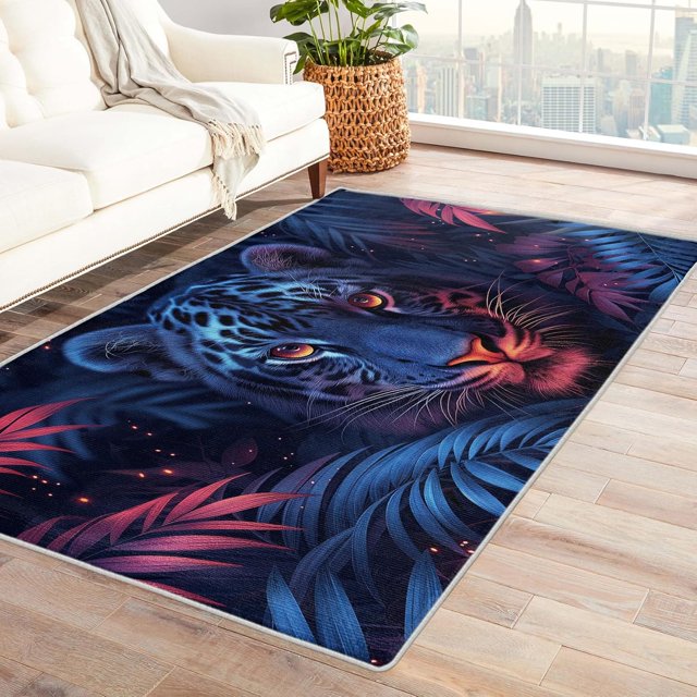 Leopard Rugs for Bedroom - Leopard Rug & Home Decor, Jungle Animal Wildlife Rugs for Entryway, Washable Rugs, 3x5 Area Rug, Non Slip Soft Indoor Door Mat, Neon Cheetach Carpet & Room Decorations