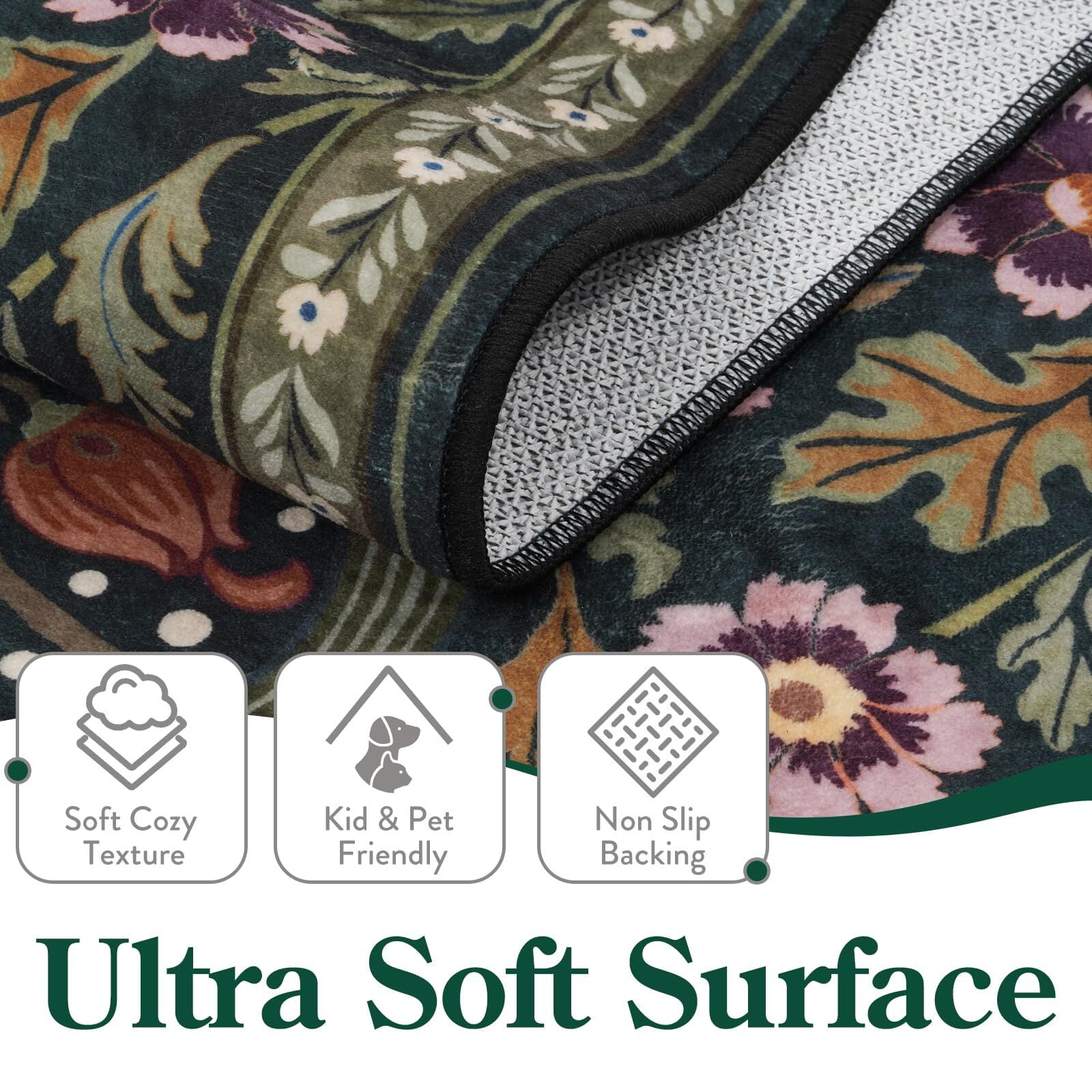 Lahome Floral Washable 8'x10' Rug, Large Rugs for Living Room, Green Soft 8 x 10 Boho Bedroom Rugs, Non Slip Botanical Ultra Thin Floor Carpet for Dining Room Nursery, Green