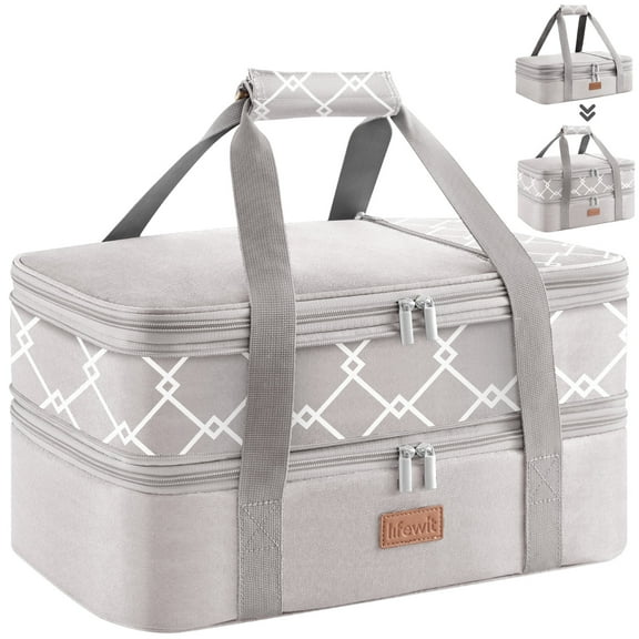 Lifewit Expandable Insulated Casserole Carrier for Hot or Cold Food, Double Decker Food Bag Lasagna Holder Carry Tote for Potluck Parties/Picnic/Cookouts, Fits 9"x13" Baking Dish, Grey-Geometric
