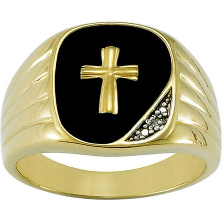 18kt Gold-Plated Genuine Black Onyx and Diamond Accent Cross Ring