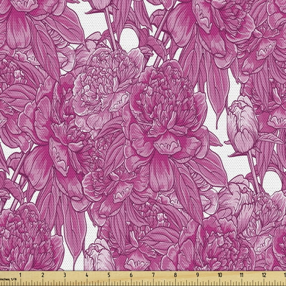 Feminine Fabric by the Yard, Romantic Floral Pattern with Pinkish Peony Flowers Blooming, Upholstery Fabric for Dining Chairs Home Decor Accents, 5 Yards, Pink Magenta White by Ambesonne