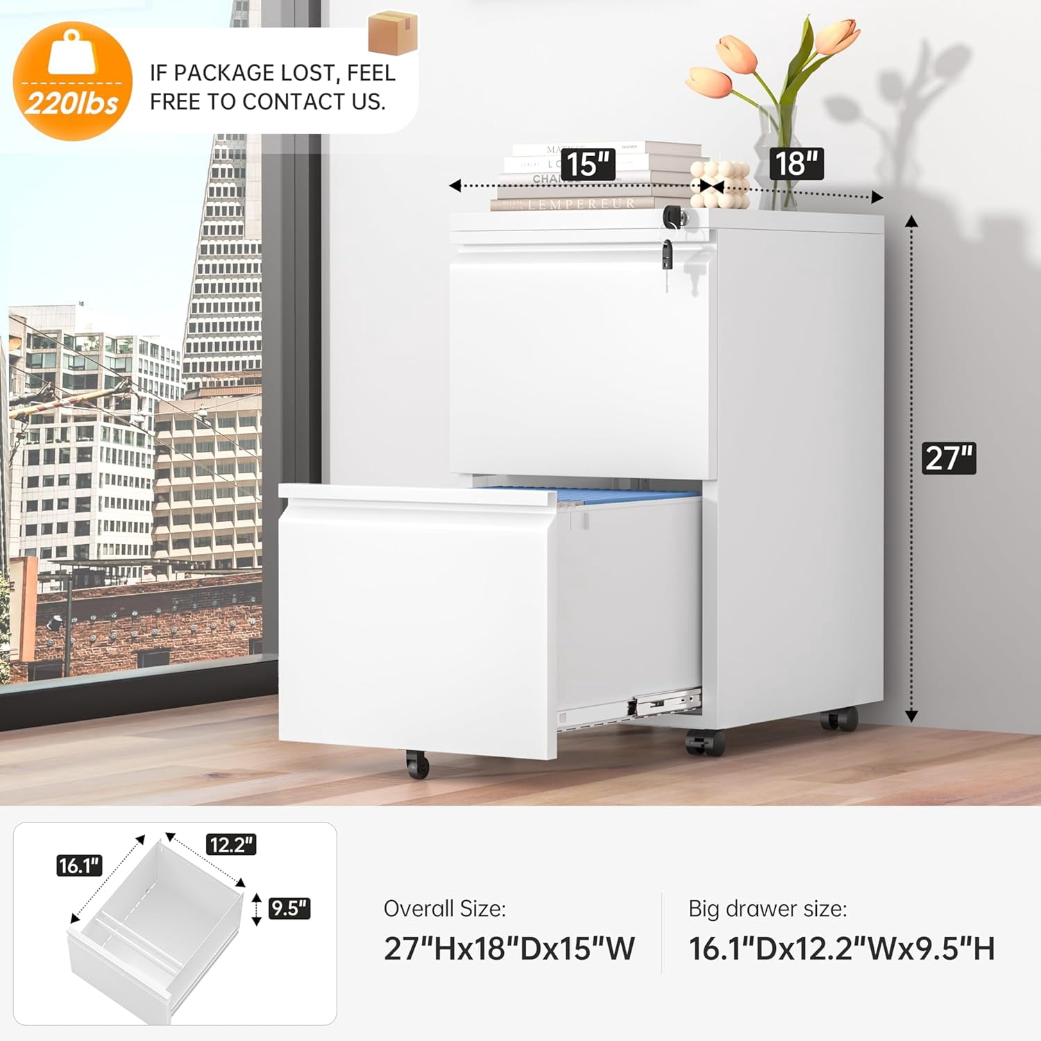 2 Drawer File Cabinet with Lock, Metal Vertical Filing Cabinet Under Desk for Legal Letter File Anti-Tilt Design Office Rolling File Cabinet(White B)