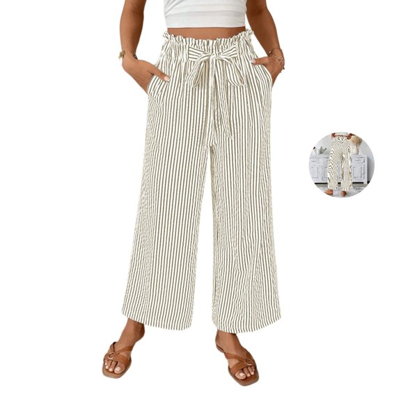 Clossjun Womens Striped Print Pants Drawstring Y2k Casual Daily Wear Athletic Pants Loose Fit Wide-Leg Lightweight Trousers With Pockets L