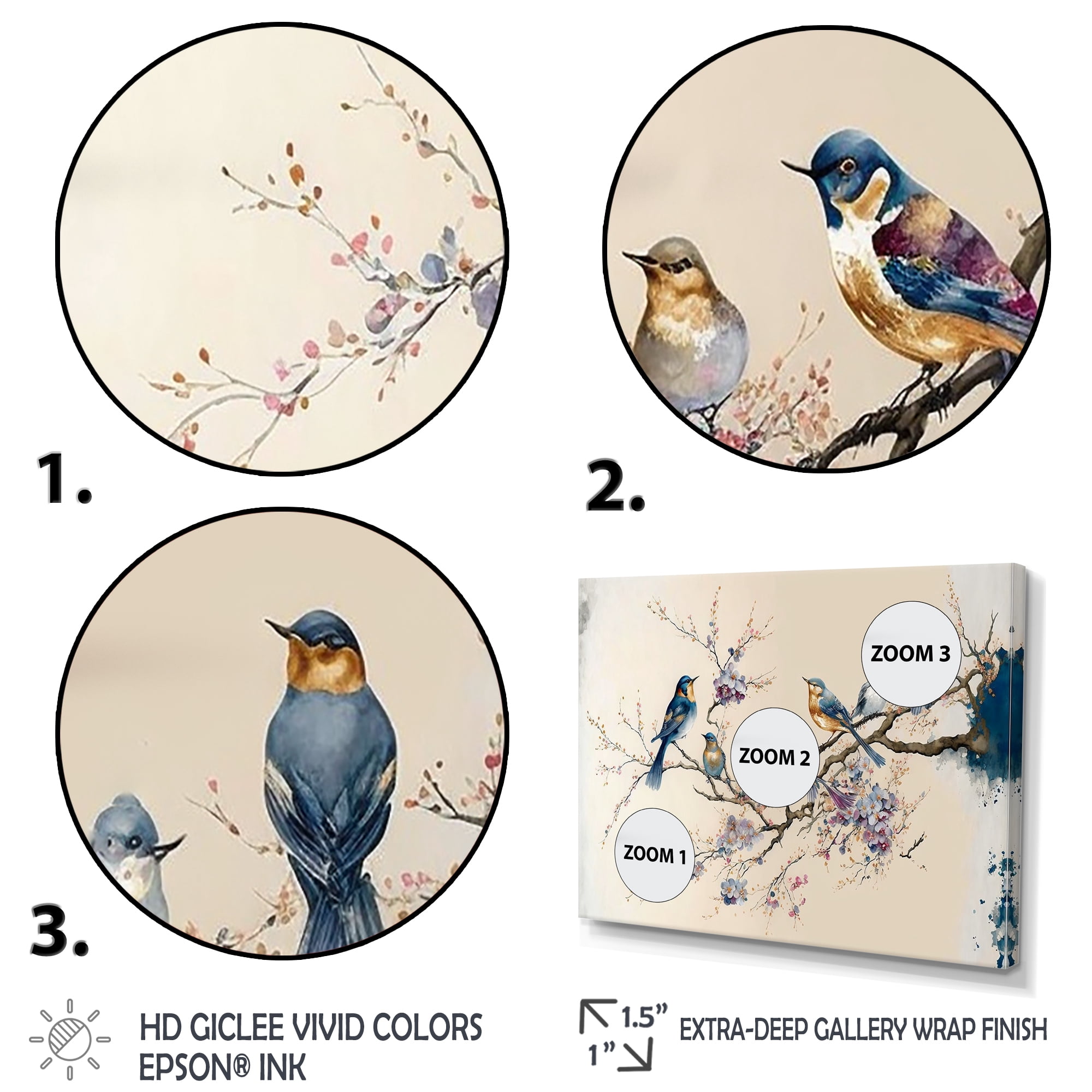 Designart Multicolor Birds On Plum Blossoms Tree XI Canvas Wall Art