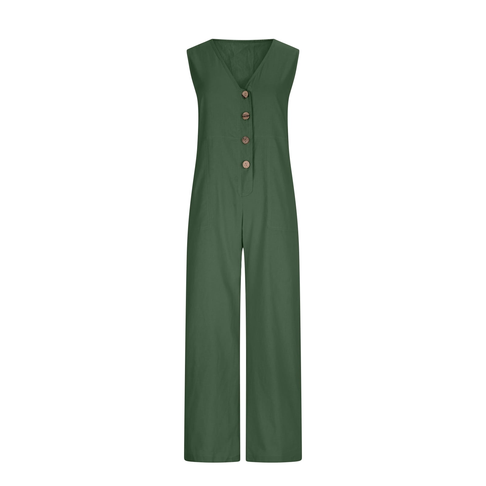 Women's Cotton Linen Jumpsuits Summer V Neck Button Sleeveless