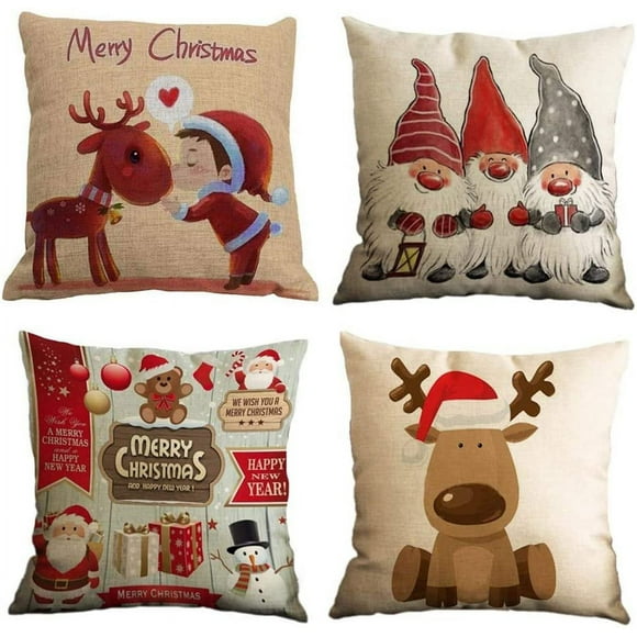 4 Pcs Taies d'Oreiller Motif Élan Nain Père Noël Coton Lin