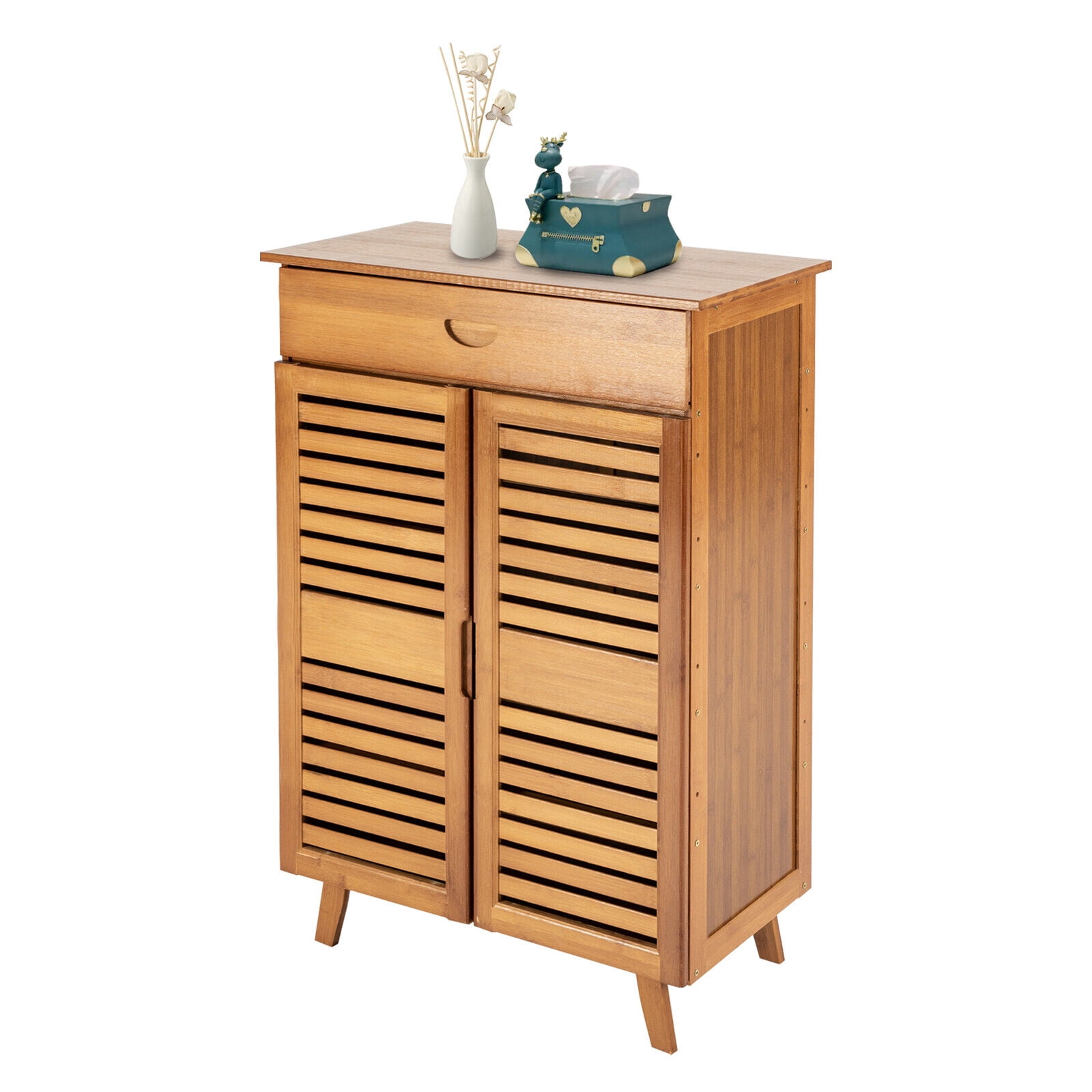 4 Tier Bamboo Shoe Storage Cabinet Shoe Organizer Shoe Rack with Door Drawer