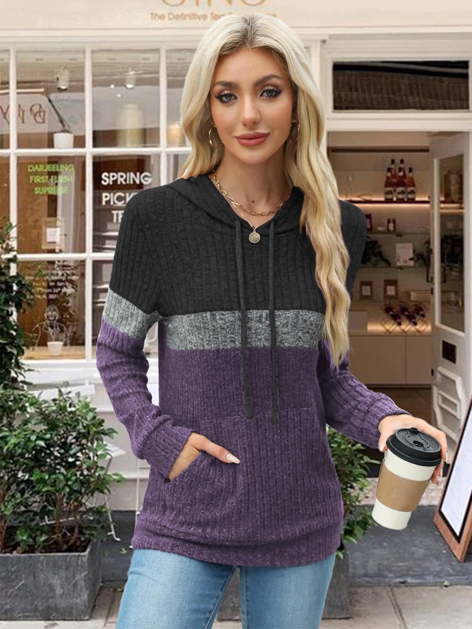 TEMOFON Hoodies for Women Long Sleeve Pullover Sweatshirts Casual Fall Tunic Tops with Pocket Drawstring Hooded Sweaters Winter Clothes