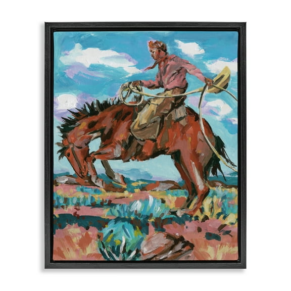 Stupell Industries Lassoing Cowboy Scene Animals Painting Black Floater Framed Canvas Art Print Wall Art, 17 x 21