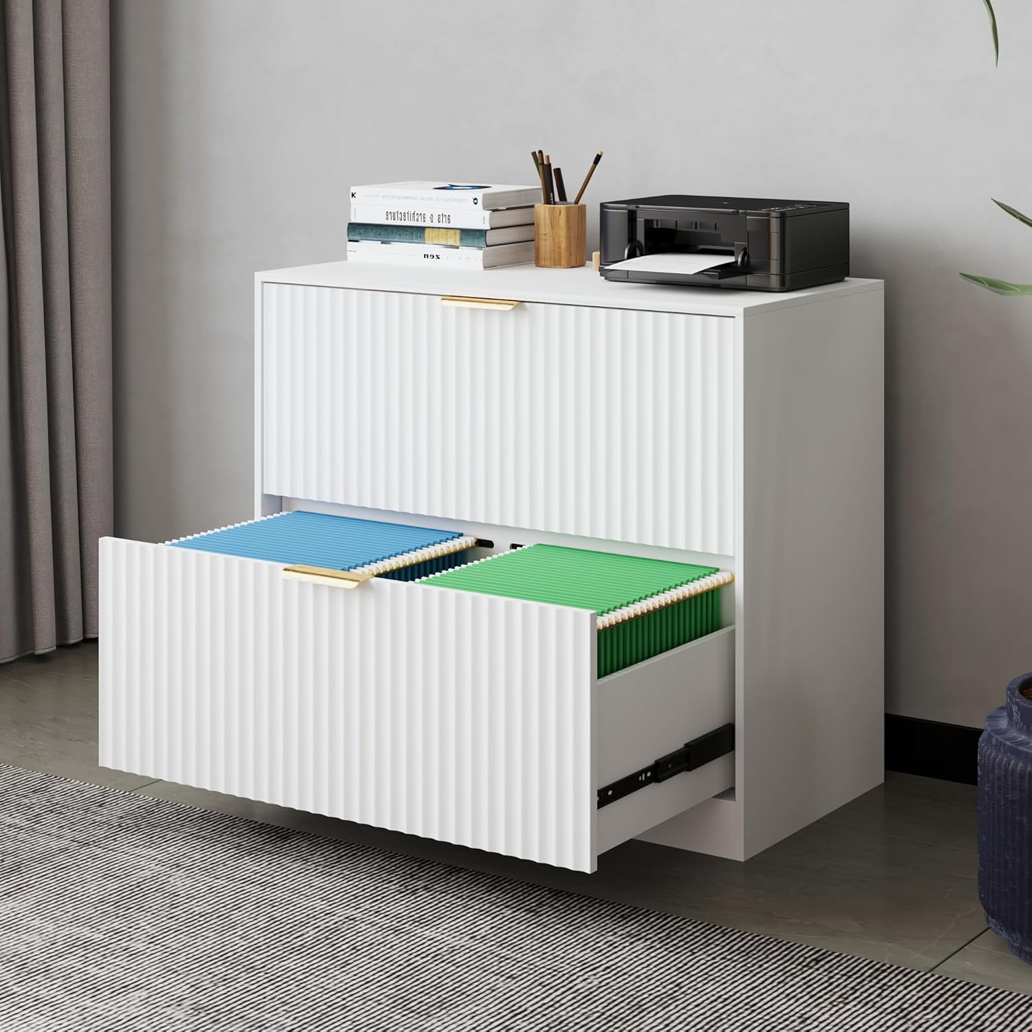 Pusnapku 2 Drawers File Cabinet, Modern 31" Printer Stand, Fluted Home Office Filing Cabinet with Adjustable Hanging Rails, for Legal/Letter/A4 Size