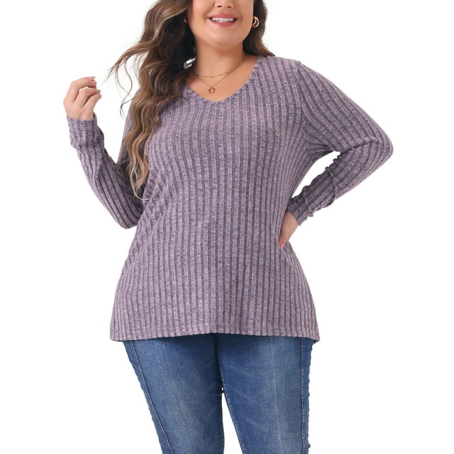 Blusa tunic básica de manga larga con cuello en V para mujer GRACE & GRANDEUR, talla grande 4X, color púrpura, de tejido acanalado y cepillado.