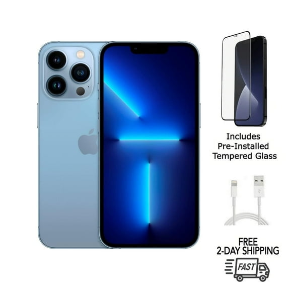 Pre-Owned Apple iPhone 13 Pro (Fully Unlocked) 1TB Sierra Blue (A2483) Bundle with Pre-Installed Tempered Glass