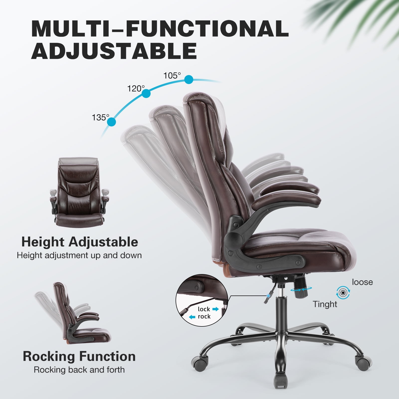 edx Computer Gaming Chair, Ergonomic High Back Heavy Duty Task Desk Office Chairs with Wheels, Flip-up Arms, Adjustable Height, PU Leather, Brown