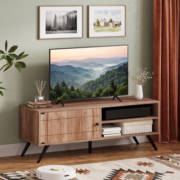 Mid Century Modern TV Stand for TVs up to 55",Entertainment Center with Door & Shelf for Living Room, TV Media Console,Oak