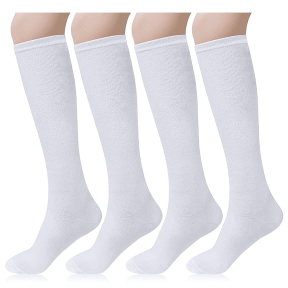 TELOLY 4 Pairs Womens Knee High Socks,Casual Cotton Uniform Long Socks for Girls,White White Socks Women
