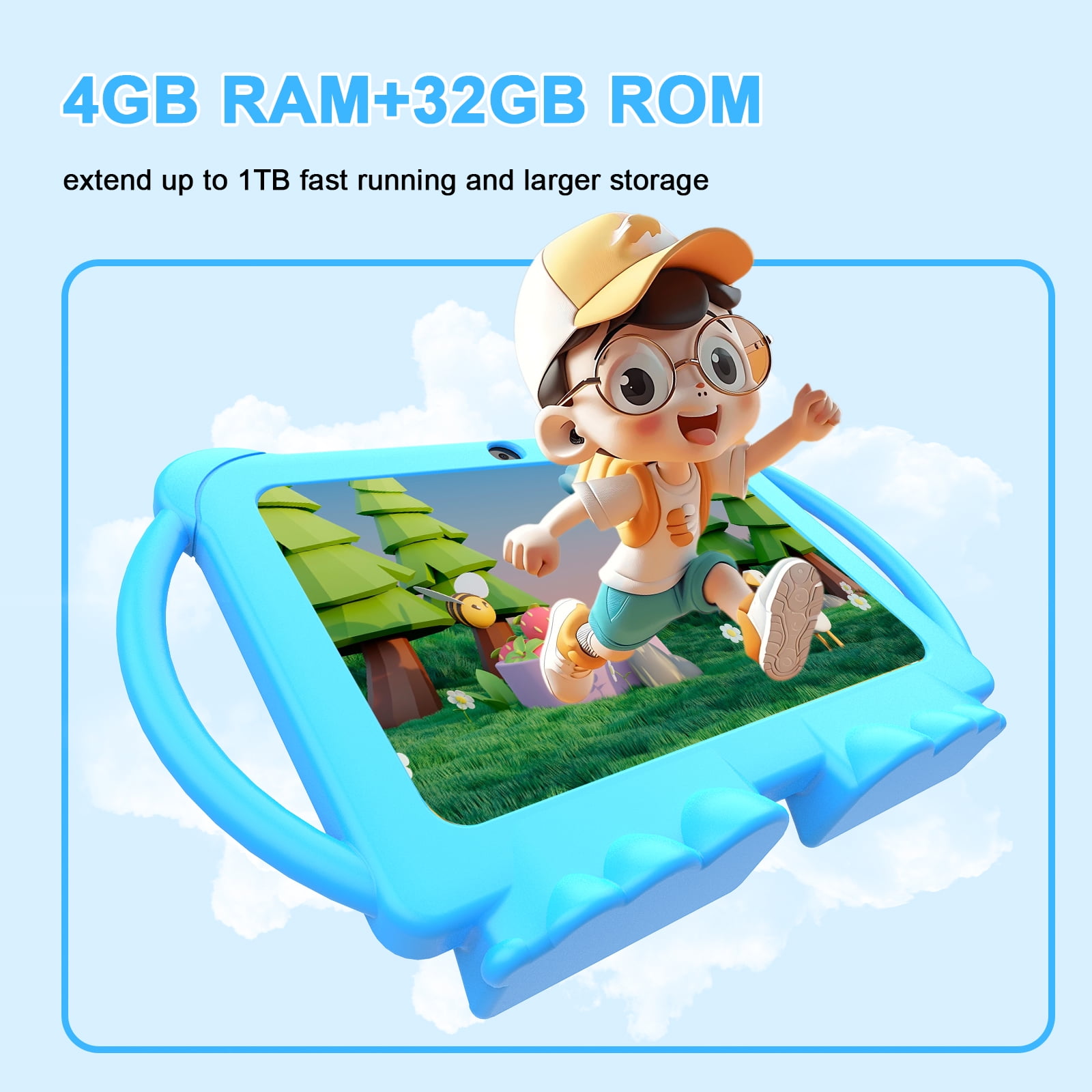 Kids Tablet, 7 inch Android Tablet for Kids, 4GB RAM 32GB ROM 1TB Expand, Toddler Tablet with Parental Control, IPS Screen, Dual Camera, Educational, Games, Shockproof Case for Boys/Girls (Blue)