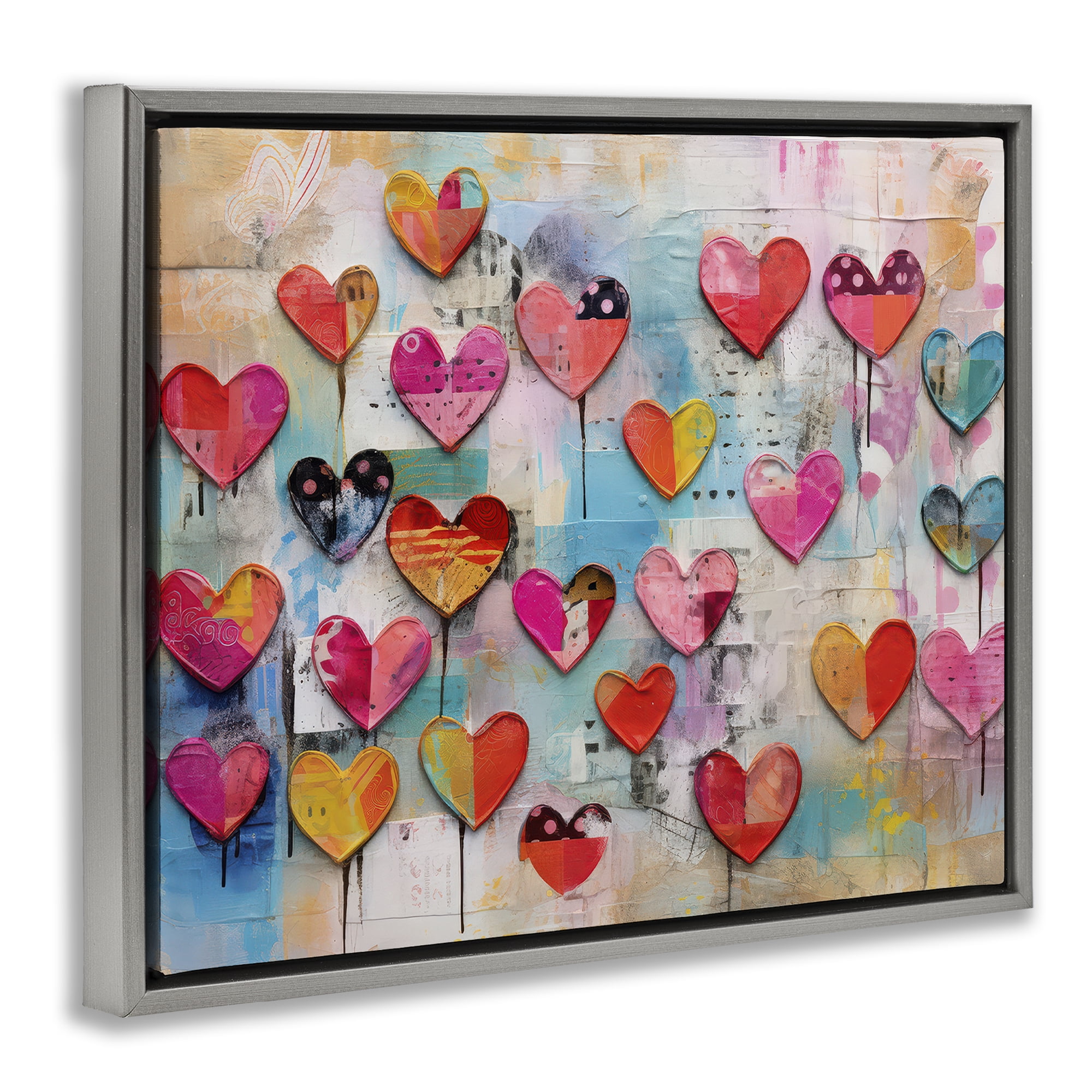 Stupell Industries Playful Urban Hearts Pattern Abstract Painting Gray Floater Framed Canvas Art Print Wall Art, 31 x 25