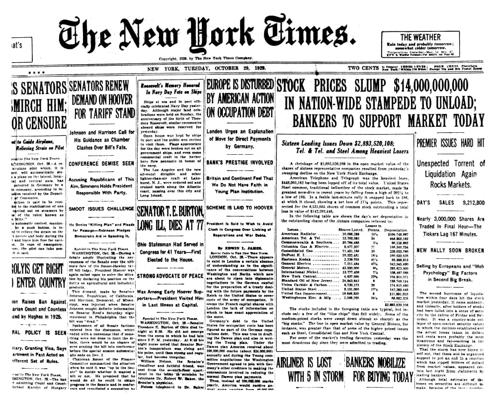Wall Street Crash, 1929. /Nfront Page Of The New York Times, 29 October