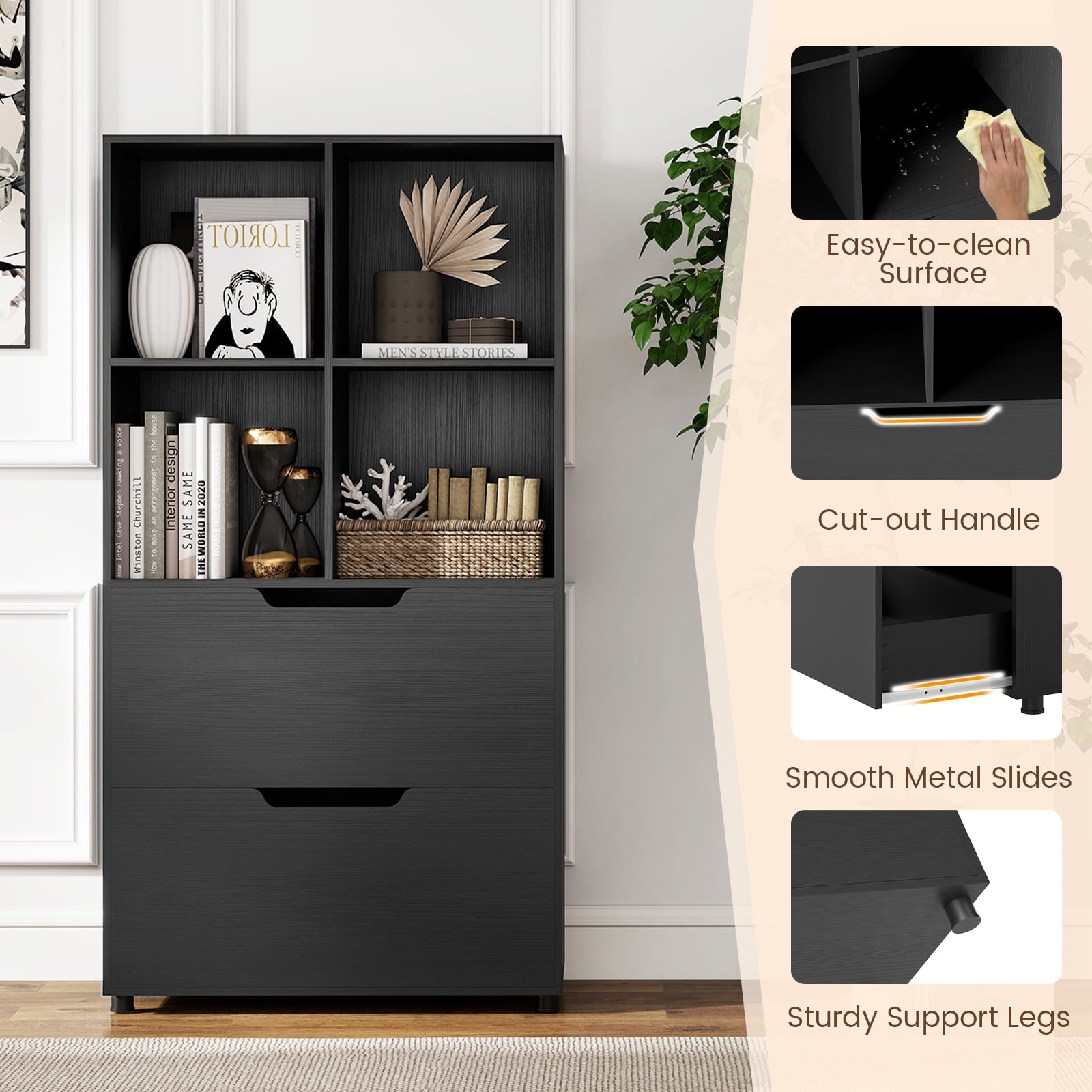 Costway 2PCS 51” 5-Tier 4-Cube Bookcase with 2 Drawers for Living Room, Study, Home Office Black