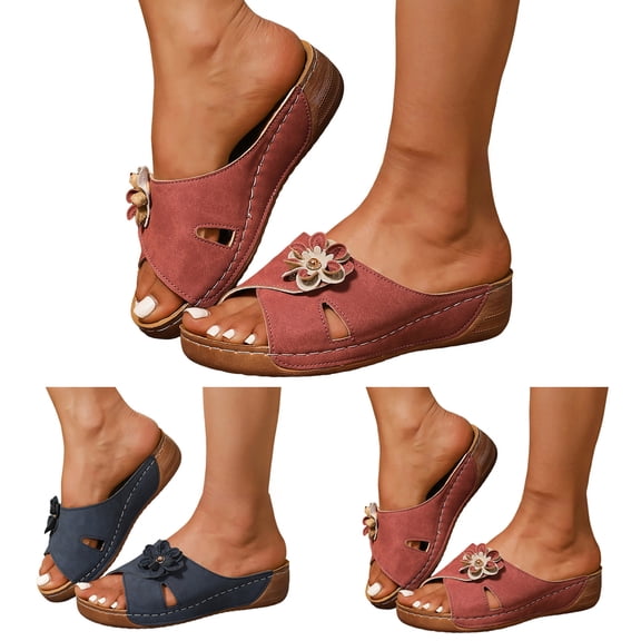 Dakaela Womens Dressy Flower Orthopedic Wedge Sandals Comfortable Open Toe Platform Summer Boho Beach Slides with Arch Support Size 6-10 Navy