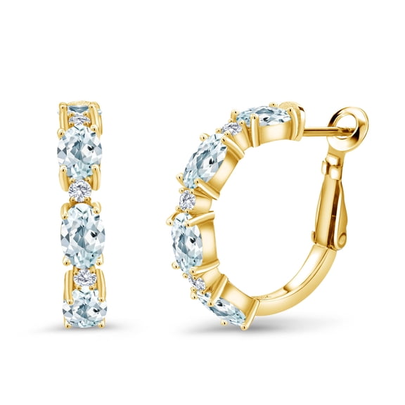 Gem Stone King 18K Yellow Gold Plated Silver Hoop Earrings for Women | Sky Blue Aquamarine and Moissanite | 4.23 Cttw |. Oval 6X4MM and Round 2MM | Fine Jewelry Gifts for Women Mom Wife Her