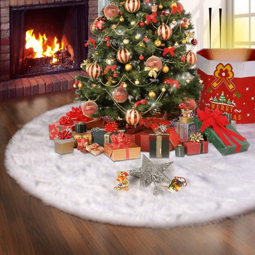 Small Christmas Tree Skirt, Snow White Faux Fur for Fall Winter Holiday