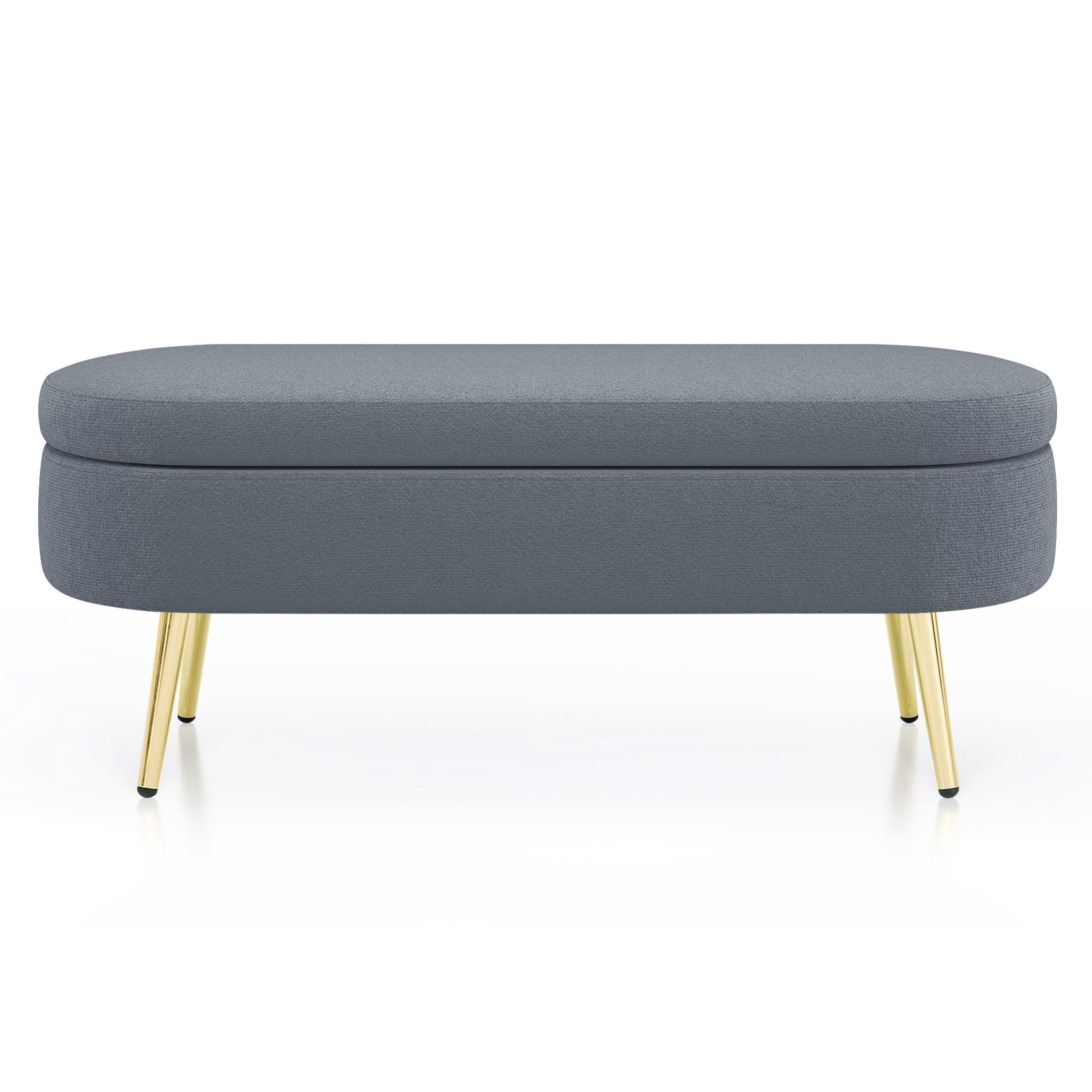 Noble House Dyani 43" Oval Flannel Storage Ottoman Bench, Upholstered Footrest with Metal Legs, Dark Gray