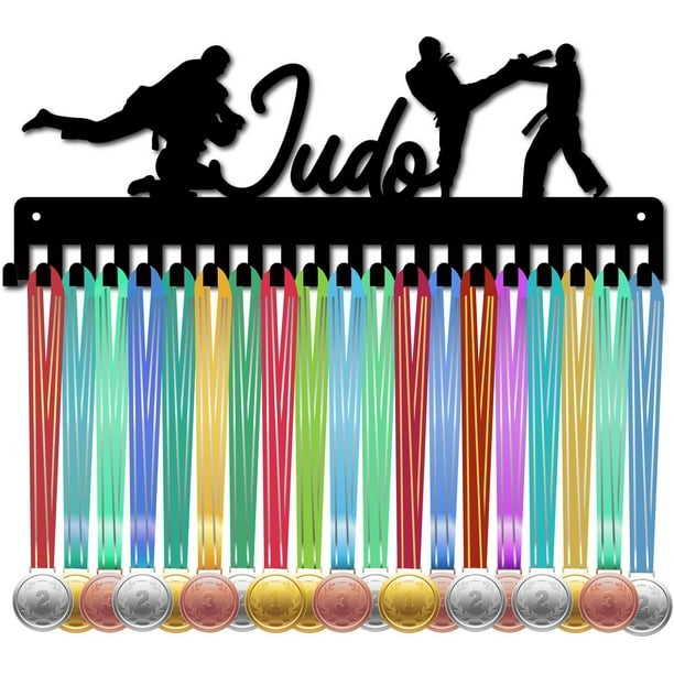 Soporte metálico para medallas deportivas, exhibidor de premios de competición de carreras con temática de judo, ganchos de hierro negro para montaje en pared