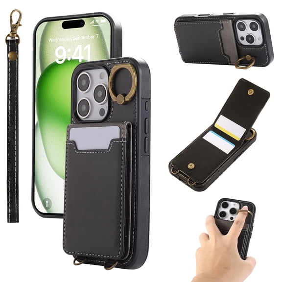 Allytechgroup Wallet Case for iPhone 16 Pro with Credit Card Slot, RFID Blocking PU Leather Flip Case with Lanyard & Kickstand Shockproof and Anti-Scratch Bumper for Women Girls, Black