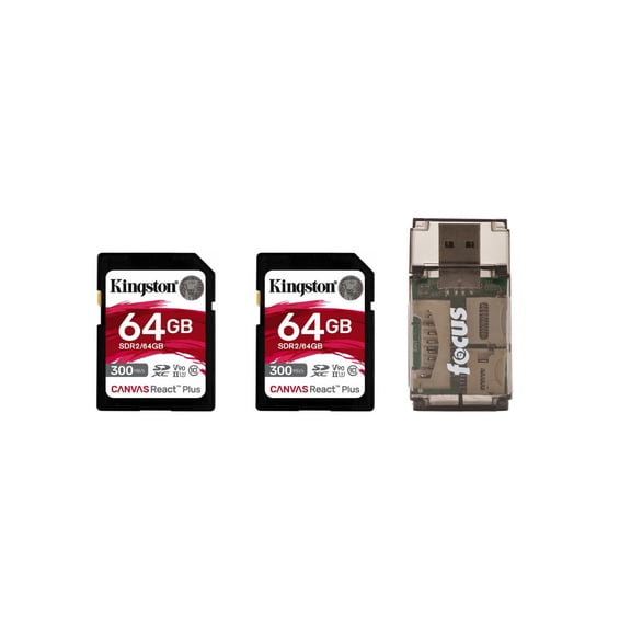 Kingston Canvas React Plus 64GB U3 V90 SD Card (2-Pack) Bundle with Focus All-In-One High Speed Card Reader (3 Items)