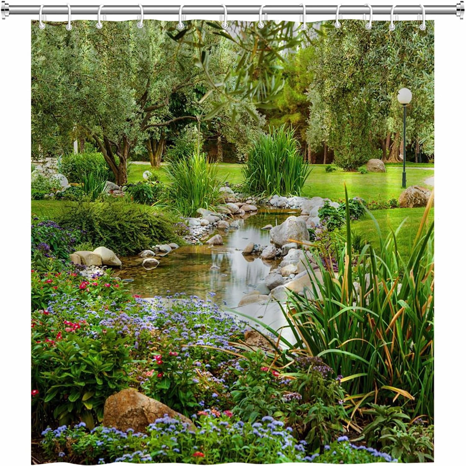 Garden Landscape Shower Curtain Colorful Floral Spring Summer Nature Plants Scenery Country Flower Rustic Bathroom Decor Set Polyester Fabric Curtains with Hooks 70Wx70H Inch
