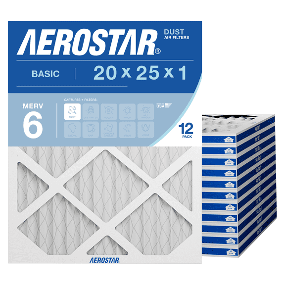 Aerostar 20x25x1 MERV 6 Air Filter, Pleated AC Furnace HVAC, Dust Lint Control, 12 Pack