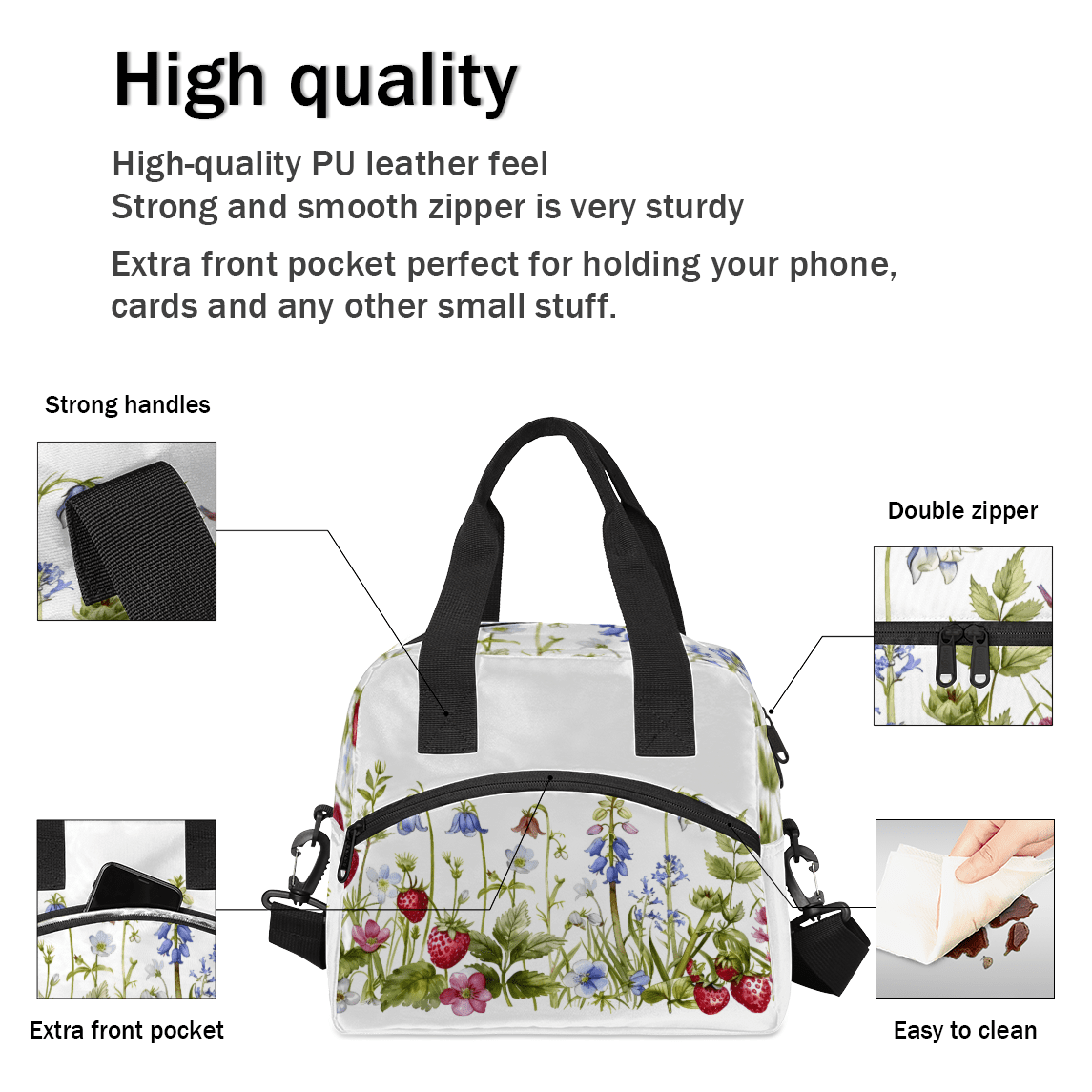 Herdesigns Strawberries And Wildflowers Insulated Lunch Bag for Women Men Adults Large Reusable Lunch Box Leakproof Portable Cooler Tote Bags with Adjustable Shoulder Strap