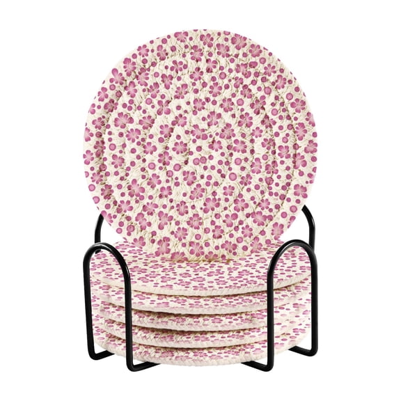Little Pink Flowers Drink Coasters with Holder Absorbent Coaster for Coffee Table Room Decor 6 Pack