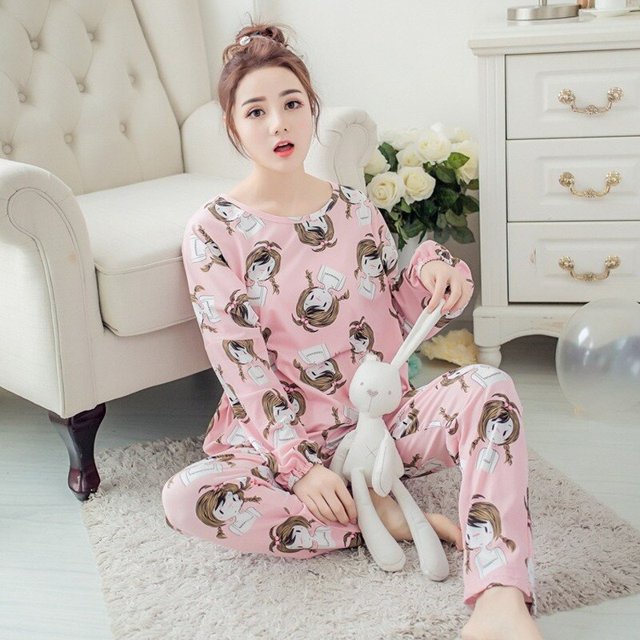 Automne Mince Ensemble de Pyjamas 2 Pcs Femmes 2022 Coton Col Rond Pyjamas Filles Ensembles Teacup Cat Tenue de Nuit Complète Vêtements Hauts de Sommeil