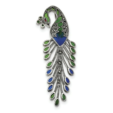 - 925 Sterling Silver Green/red/blue Epoxy Marcasite Peacock Slide Necklace Pendant Charm Omega Bird Gifts For Women For Her