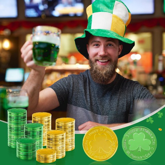YujiCraft 50 Pcs St. Patrick's Day Decorations Gold Coins, Plastic Irish Gold Game Chips, Lucky Shamrock Coins Props for Treasure Hunt Birthday Party Favor Supplies ,Gold
