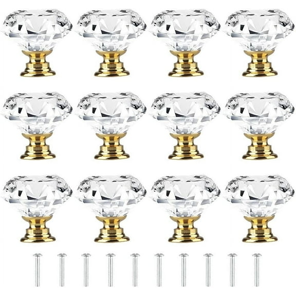[12 PCS] 30mm Crystal Clear Glass Cabinet Knobs Drawer Pulls Golden Base , Tomorotec Diamond Shape Cupboard Knobs with Screws for Kitchen, Dresser, Cupboard, Bathroom, Wardrobe (1.2 inch / 30 mm)